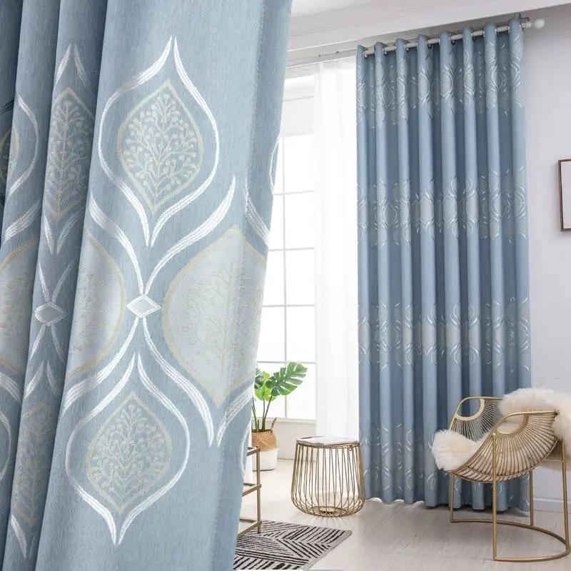 Nordic Jacquard Floral Window Curtain, Modern Minimalist Blackout Drapes, Blackout Curtains, Blue Color, Home Decor for Living Room Bedroom, Home Decoration Curtain, Home Decorative Curtain, Blackout Window Cover, Curtain For Windows