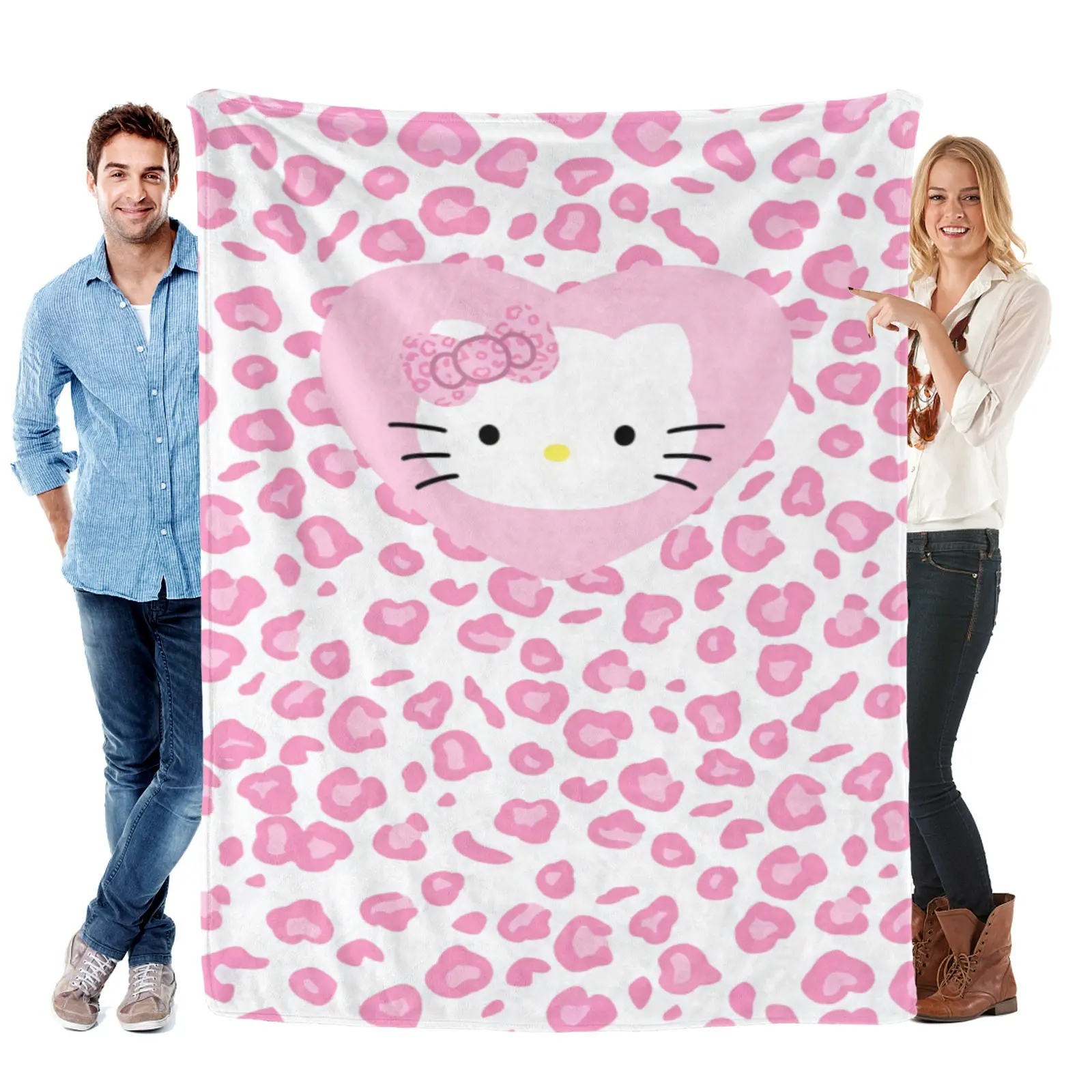 Sanrio Pink Leopard Heart Hello Kitty Blanket, Soft Fleece Y2k Kawaii Throw Blanket, For Teen Girls Bedroom Decor
