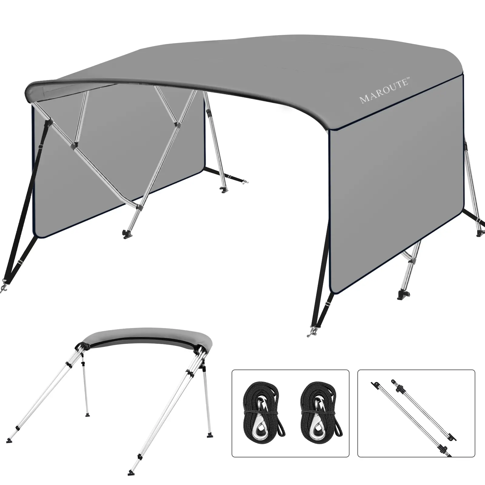 4 Bow Bimini Top for Boats, 8ft Marine PU-Coated Canvas Canopy, 1" Aluminum Alloy Frame, 2 Straps, 2 Adjustable Rear Support Poles, Zippered Storage Boot, Ideal for Jon Boats, Pontoon, Fishing Vessels