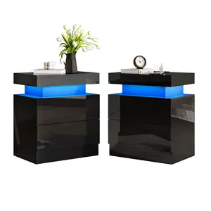[MothersDayGift] #Summervibes AMERLIFE High Gloss LED Nightstand Set of 2 with Charging Station, Modern Bedside Table Night Stand with LED Lights, Sofa End Side Tables with Drawers/Best Gift Ideas/Christmas Gifts
