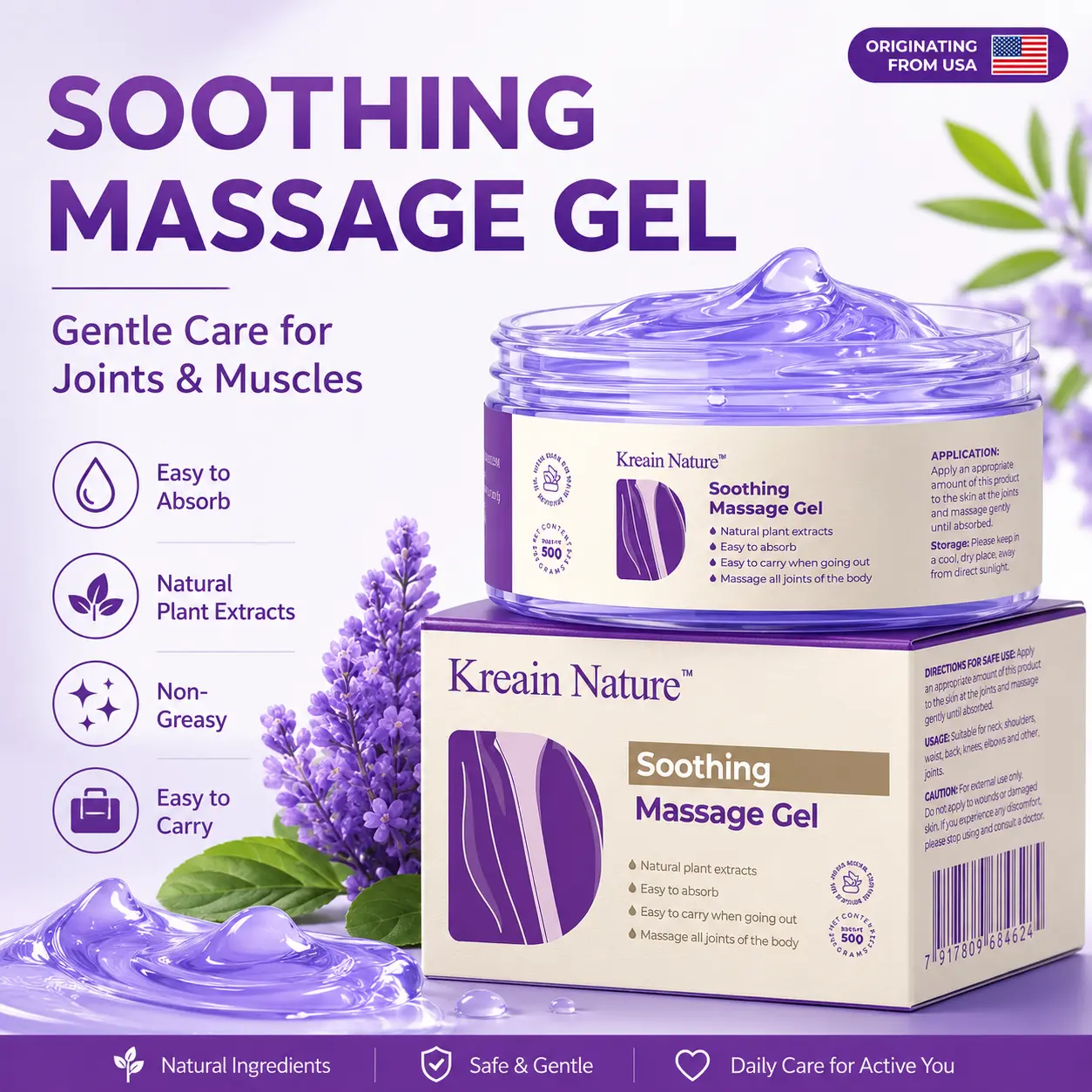Kreain Nature Soothing Massage Gel, Purple Gel for Body & Joint Care, Portable & Easy Absorb Cream
