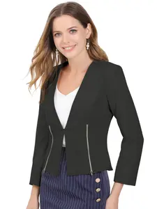 INSPIRE CHIC Work Office Open Front Zipper Collarless Cropped Blazer