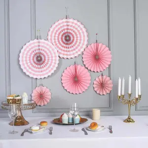 Set of 6 Pink Hanging Paper Fan Decorations, Pinwheel Wall Backdrop Party Kit 8", 12", 16"