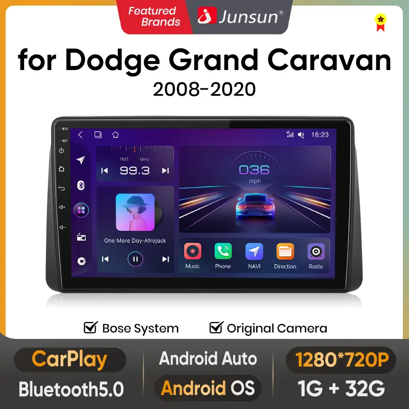 Junsun 9-in High Definition Touchscreen Car Radio Stereo Head Unit for Dodge Grand Caravan 2008-2020, Android 13 Multimedia Video Player with 2G RAM, 64 GB Storage, DSP, Wireless Carplay, Auto GPS Navigation, WiFi-Enabled, Bluetooth, Front Display
