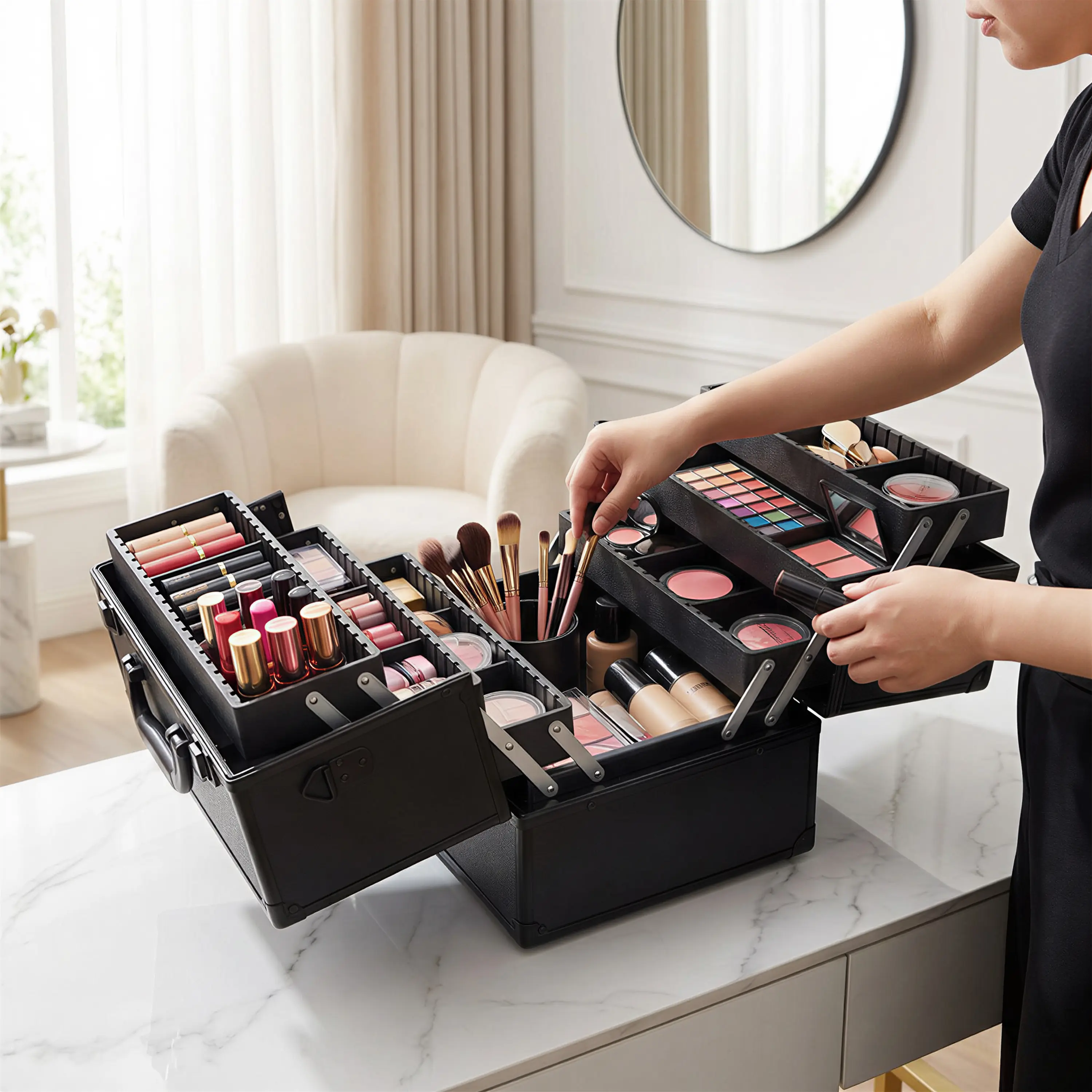 OPUL Professional Large Makeup Train Case, 14Inch Lockable Cosmetic Organizer Box, Portable Makeup Travel Organizer Case with 6 Adjustable Trays and Spacious Compartments for Cosmetologist Nail Tech Kits Makeup Case, Black