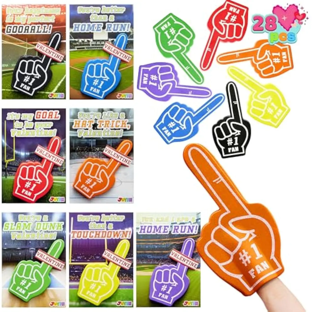 28 Pcs Valentines Day Foam Fingers with Cards for Kids, Valentines Greeting Cards, Classroom Exchange Gift for Kids, Holiday Reward Prizes and Party Favor