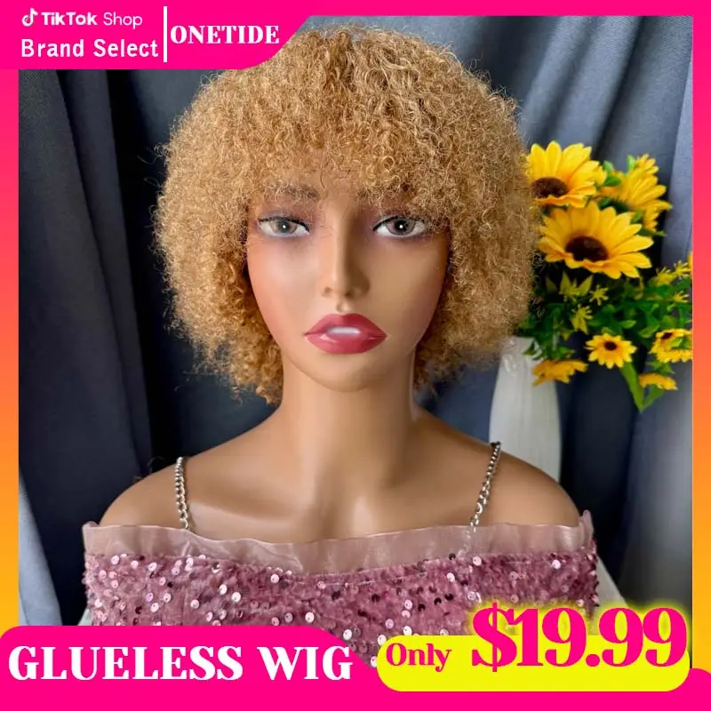 Glueless Wigs Human Hair Short Afro Kinky Curly Blonde Wigs For Women 100% Human Hair Put on & go Soft and Fluffy Glueless Wigs 70s 80s Hair Kinky Cur