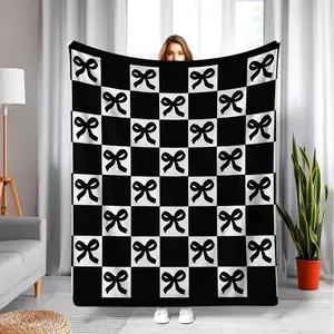 Classic Checkerboard with Bow Design Throw Blanket-Coquette Aesthetic Flannel Blanket,Ultra-Soft with Chic Ribbon Print for Bedroom Decor