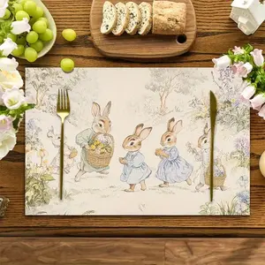 4pcs Easter Beatrix Potter Style Placemats - 12x18 Inch Shabby Chic Vintage Watercolor Rabbit & Friends Washable Table Mats, Farmhouse Easter Brunch Decor for Kitchen Dining & Holiday Parties