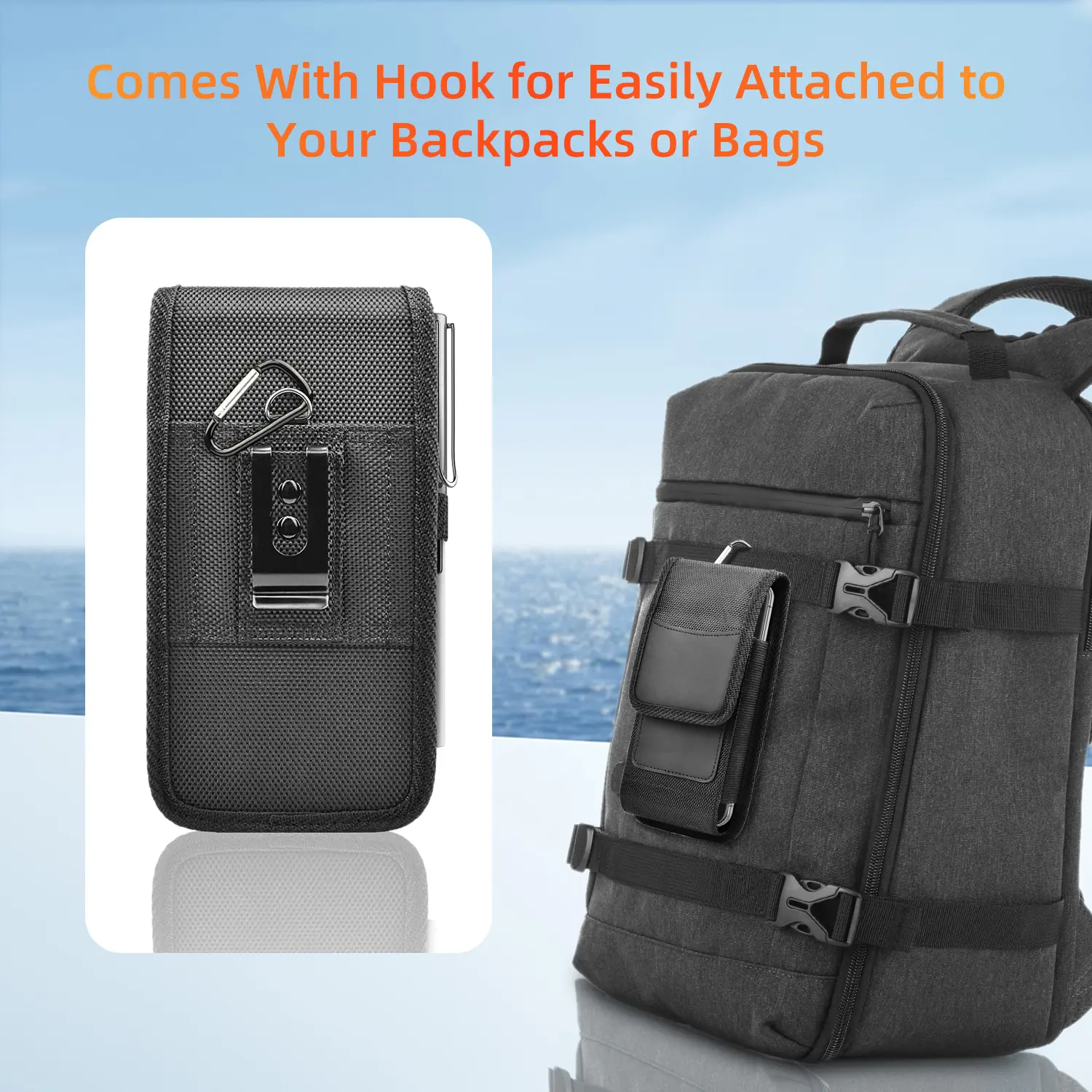 Double Layer Oxford Cloth Vertical Phone Waist Bag,Phone Holster with Carabiner and Card Pen Slot,Multi-Carry Design with Belt Clip and Hook,for Hiking,Running,Outdoor Activities and Daily Use