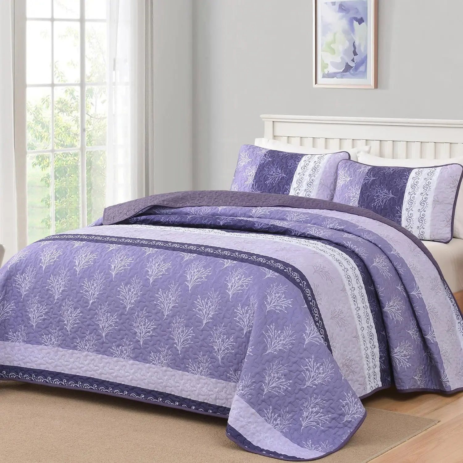 Boho Quilt Set  Size Purple Bohemian Striped Bedspread Coverlet, Floral Lilac Purple Patchwork Stripe 3 count Lightweight Microfiber Reversible Quilt Bedding Set, 110''x90''