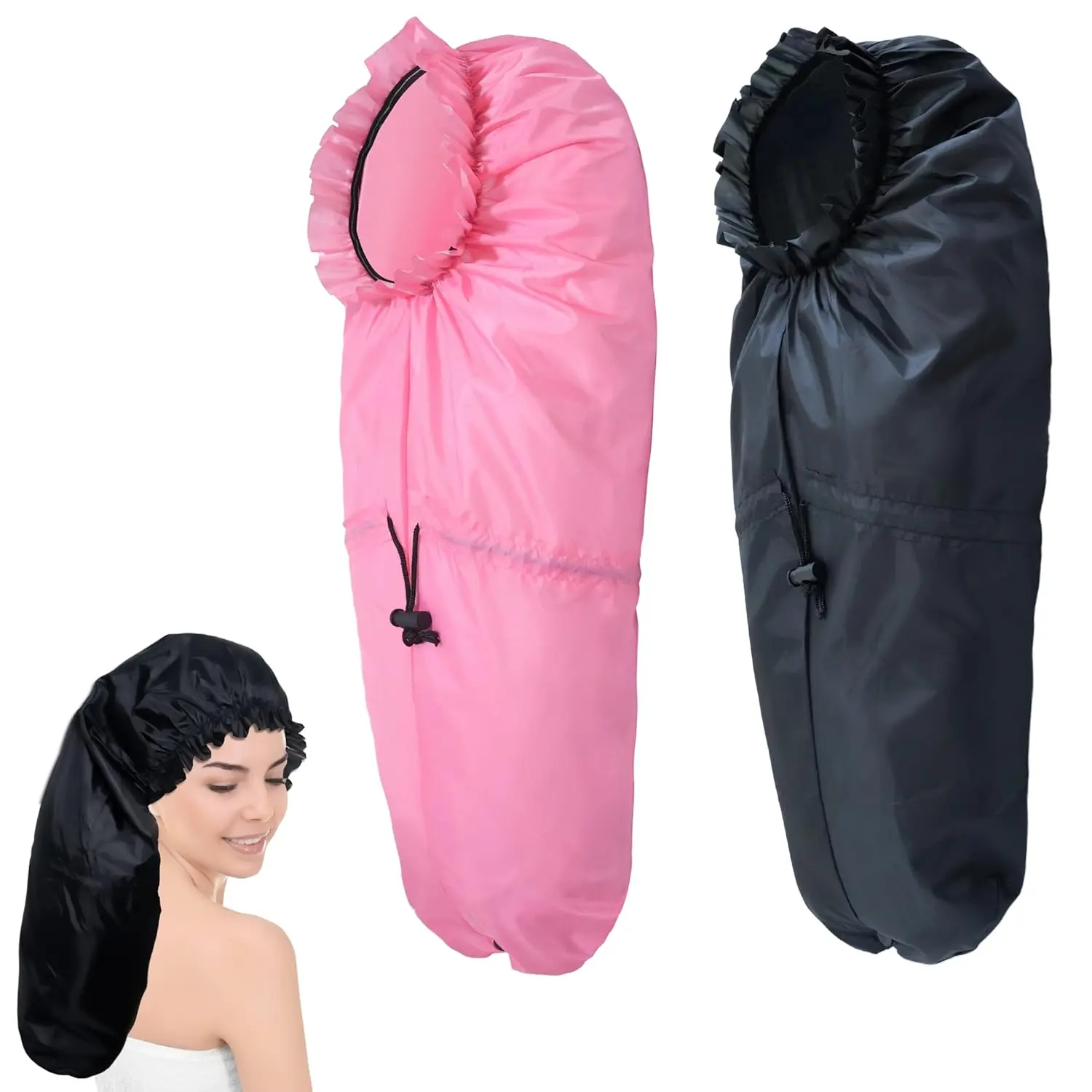 Women's 2-Piece Reusable EVA Fabric Shower Caps, Adjustable Elastic Large Bath Caps with Dustproof, Water-Preventing Features for Long Thick Curly Hair, Daily Use, Prevents Water, Braids, Drawstring, Keeps Dry, Stretchable