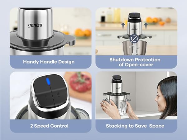 Ganiza Food Processor with 8 Cup Glass Bowls & 8 Cup Stainless Steel 2-Speed Food Chopper Meat Grinder Upgraded Button & Smart Overheat Protection Light - Includes Clean Brush 2 Sets of Blades Kitchen Vegetable Slicer Vegetable Cutter Kitchen Appliances