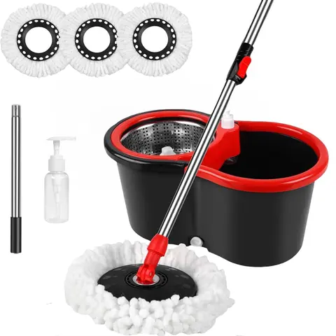 Sturdy Hardwood Floor Mop and Bucket System Sets, 61" Adjustable Stainless Steel Long Handle with 360° Rotating Head, 3 Microfiber Refills, Gentle Press Wringer, Soap Dispenser Bottle, Drainage Plug for Home Hard Floor Cleaning