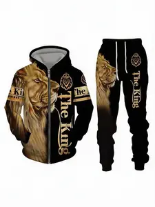 Men's Hooded Zipper Tracksuit - Bold Lion Print & Crown Detail, Casual Sports Two-Piece Set