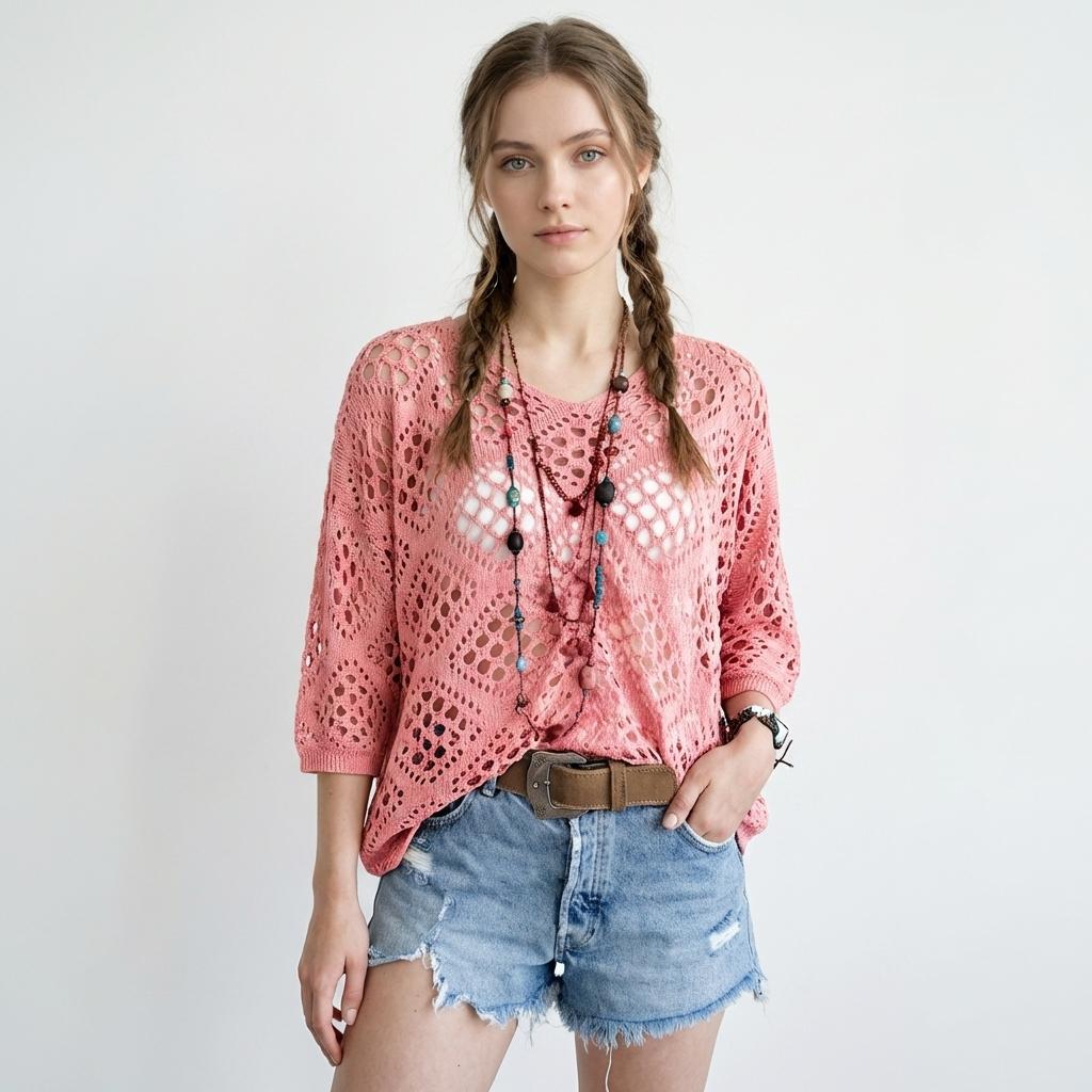 Women's Crochet V-Neck Hooded Sweater - Lightweight Hollow Out Mesh Knit Top Batwing Half Sleeve Slouchy Pullover - Y2K Boho Chic Summer Beach Cover Up Festival Outfit See-Through Knitwear - Plus Size Options