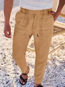 Men's Breathable Cotton Linen Long Pants, Casual Minimalist Trousers, Fashion Casual Loose Fit Sportswear, All Seasons Plaid Straight Leg Trousers