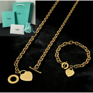 Titanium Steel 2-piece Set Bracelet Necklace Heart-shaped Pendant Valentine's Day Gift Handmade Jewelry Accessories Adjustable Length 50CM & 18CM