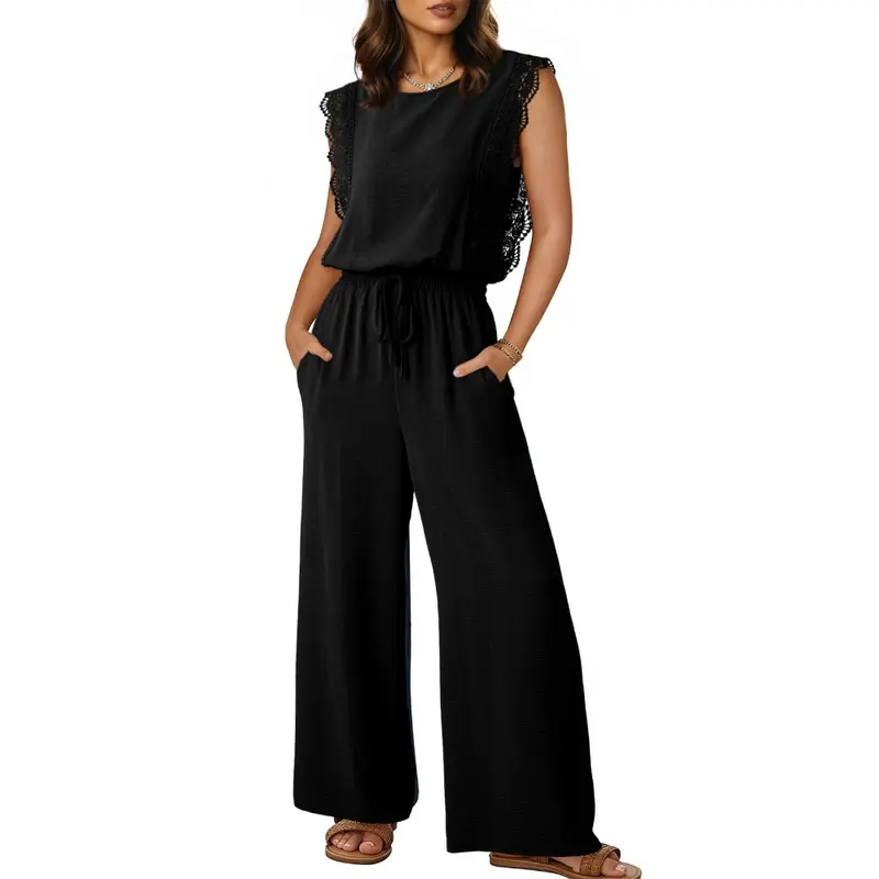 Dokotoo Womens Jumpsuits Crewneck Lace Cap Sleeve Drawstring High Waist Wide Leg Casual Rompers with Pockets