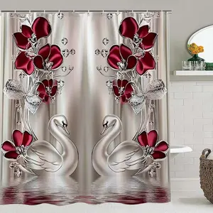 Swan & Rose Bath Curtain Set, Decorative Shower Curtain Set, Includes Hooks, Bathroom Decor, Restroom Decor, Bathroom Decoration Accessories, Pedestal Mat, Toilet Lid Cover, U-Shaped Pad, Ideal Gift