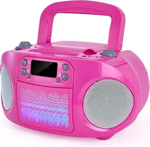 hPlay GC09 Pink Kids Boombox CD Player with Bluetooth & Microphone Input - Portable Stereo Radio with USB/AUX, Multi-Color LED Lights, Sing Along Karaoke Function - MP3 Music Player for Girls