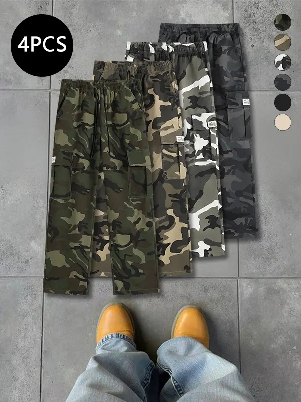 Men’s autumn camouflage baggy wide-leg sweatpants, baggy straight-leg pants, multi-pocket cargo pants, trendy printed casual athletic long pants