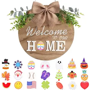 Interchangeable Welcome Home Sign, Seasonal Front Porch Door Decor With 21 Changeable Icons for Halloween /ChristmasRustic Wood Wreaths Wall Hanger for Housewarming Gift (12in)
