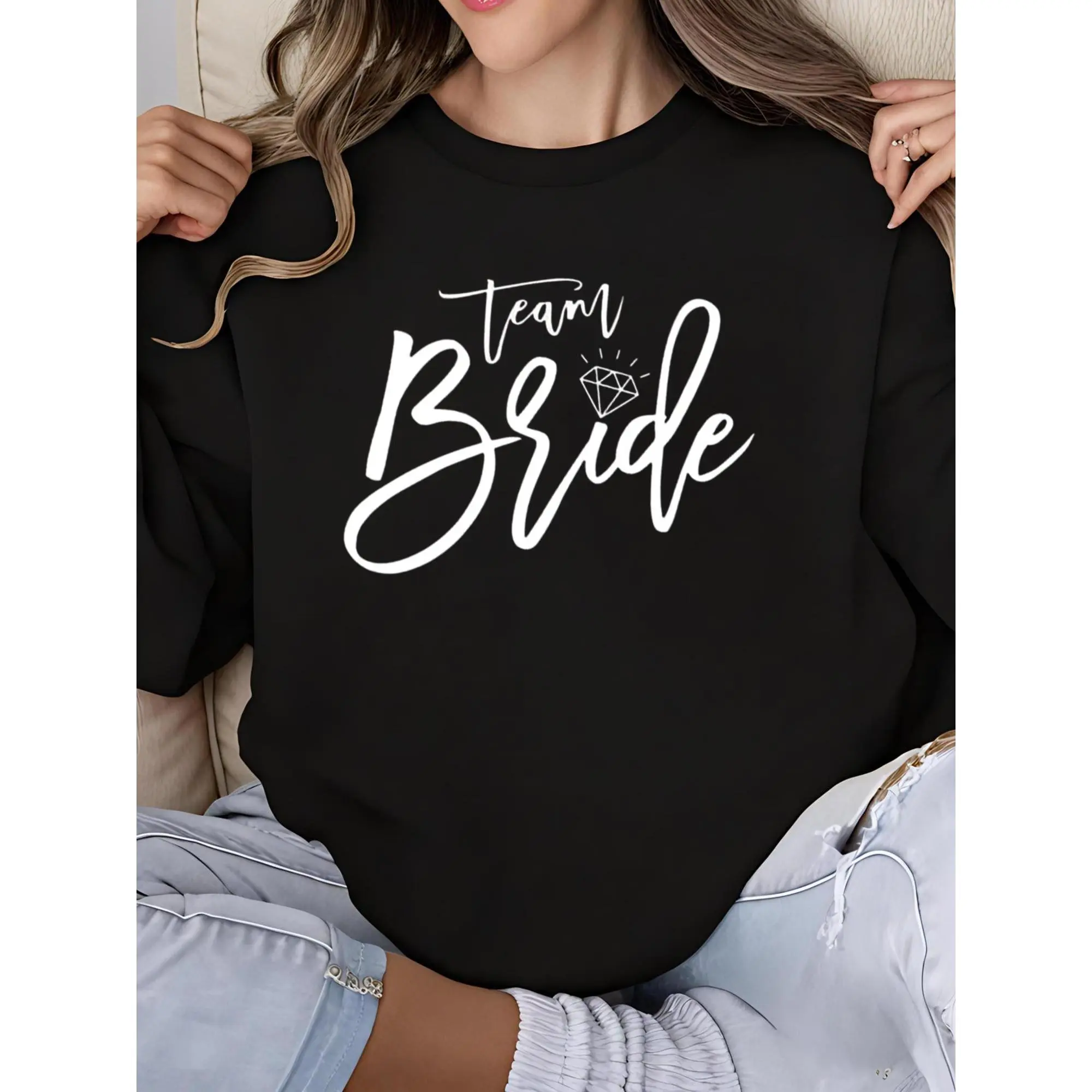Women's Crew Neck Long Sleeve Sweatshirt Team Bride Bachelorette Party Print Bridesmaid Sweatshirt Top Casual Comfortable