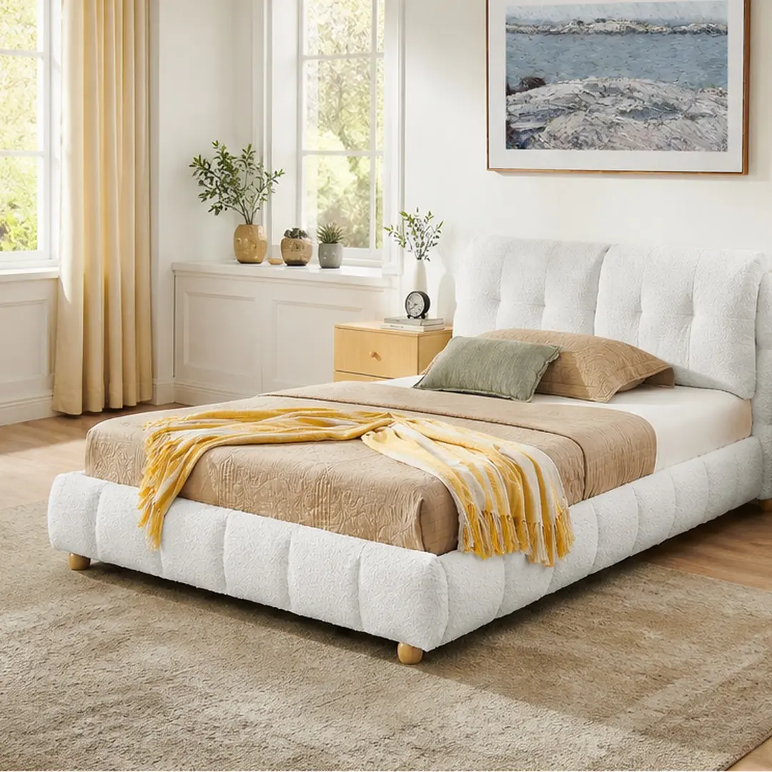 ARCH Queen Size Cloud Bouclé Fabric Upholstered Platform Bed - Cloud-Like Tufted Headboard, Solid Wood Legs, Durable Wood Frame, No Box Spring Needed, Easy Assembly Required, Coastal Style Indoor Furniture, Cream White/Beige Options, Damp Wipe Only, Coast