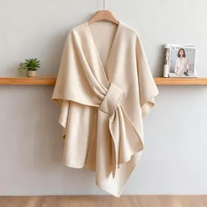 Elegant women’s soft shawl-style solid-color open-front cape sweater, suitable for everyday wear in spring, autumn, and winter