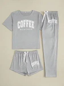 Women's Coffee Print Sleepwear Set, Casual Fitted Three-Piece Pajamas, All-Season Letter Pattern Loungewear for Women, Womenswear