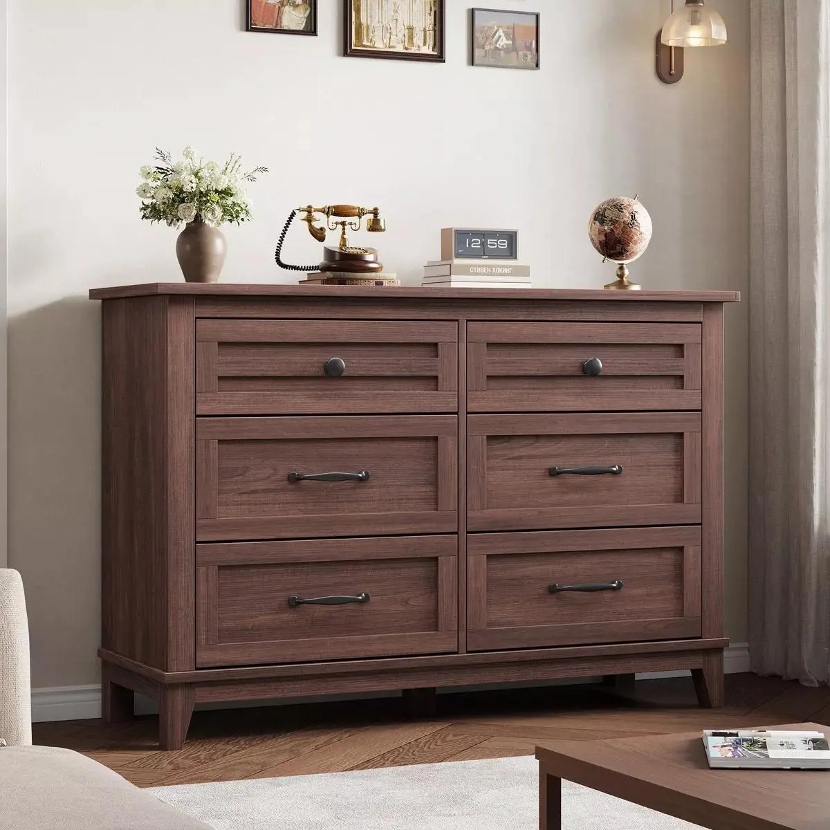 Gaomon Sturdy 6-Drawer Dark Brown Solid Wood Dresser - Versatile Classic Storage Cabinet for Bedroom, Living Room Furniture, Six Drawers