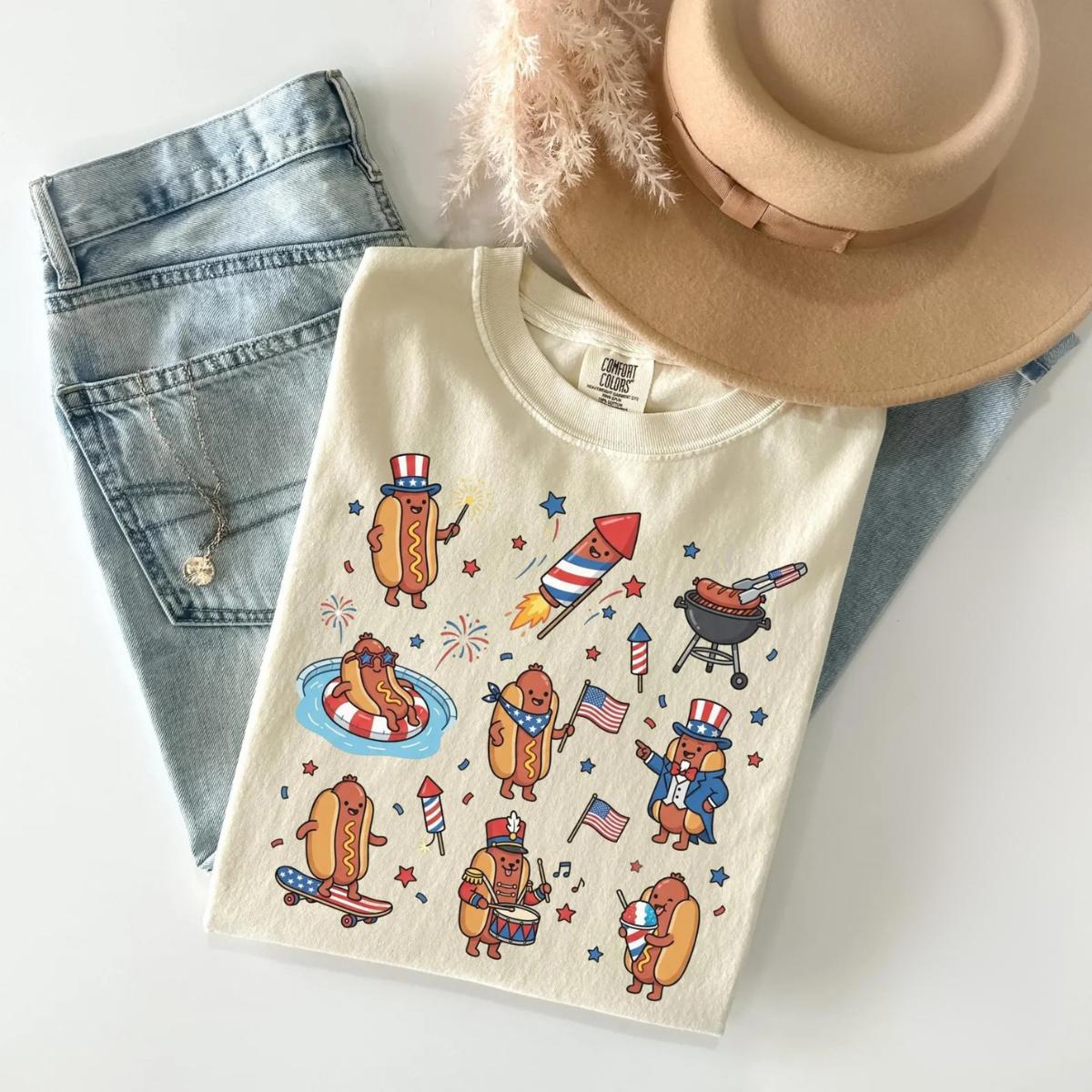 Comfort Colors 4th of July Hot Dog Shirt, Patriotic BBQ Graphic Tee, American Flag Fireworks Shirt, Funny Fourth Of July Holiday Gift