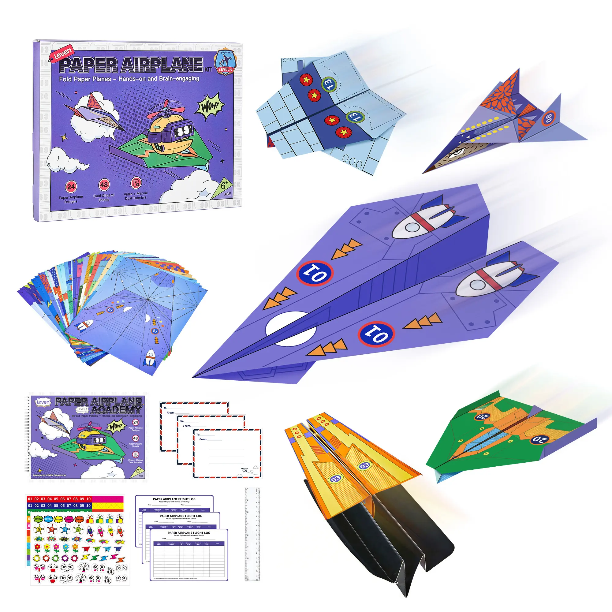 Leven DIY Paper Airplane Kit – 24 Creative Paper Plane Designs, 48 Colorful Origami Sheets, Illustrated Guide + Video Tutorial for Kids Ages 6+, Fun STEM Arts & Crafts Kit with Flight Experiments, Gift-Ready (11.61 x 8.66 inches), Colored Paper Papercraft