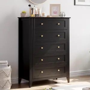 Black 5 Chest of Drawer Dresser, Modern Wood Organizer Dresser Storage Cabinet with Drawers for Bedroom, Living Room, Entryway