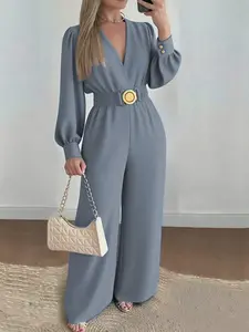 A set of casual women's waist cinched Belted jumpsuit V-neck bubble sleeve wide leg pants, suitable for autumn and winter, suitable for home, indoor, and outdoor wear