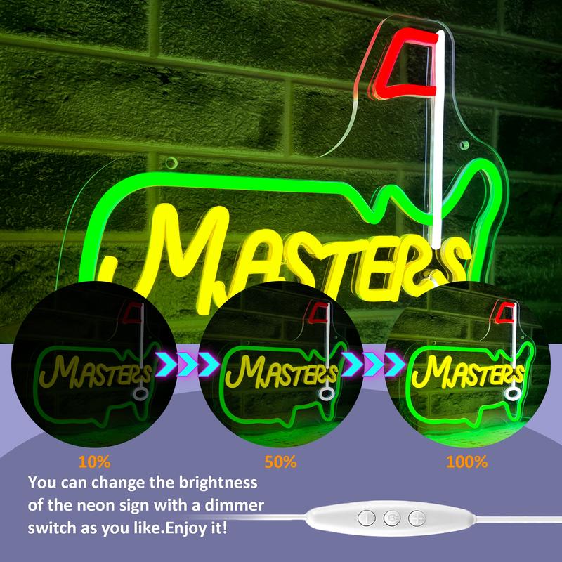 Masters Golf neon sign, Led Neon Lights, suitable for men's lounges, sports bars, game rooms, golf club décor, and garage wall neon art. Dimensions: 13.3 x 12.2 in.