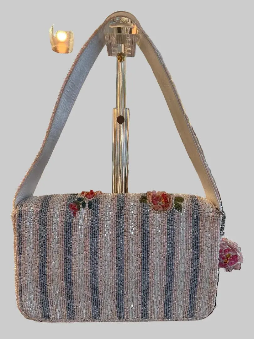 Cottagecore Beaded Shoulder Bag for Women, Floral Striped Handbag with Rose Charm for Wedding & Brunch Dates