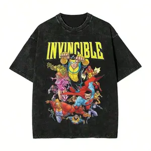 Retro Washed Black Oversized T-Shirt, Bold "INVINCIBLE" Text & Colorful Superhero Group Print Casual Short Sleeve, Unisex Streetwear for Men & Women, Loose Fit for Outdoor & Daily Wear