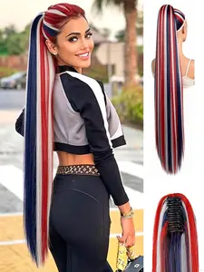 Blue Striped Clamp Ponytail Wig, 38 Inch Straight Clip-In Hair Extensions, Festival Cosplay Daily Wear, All Seasons