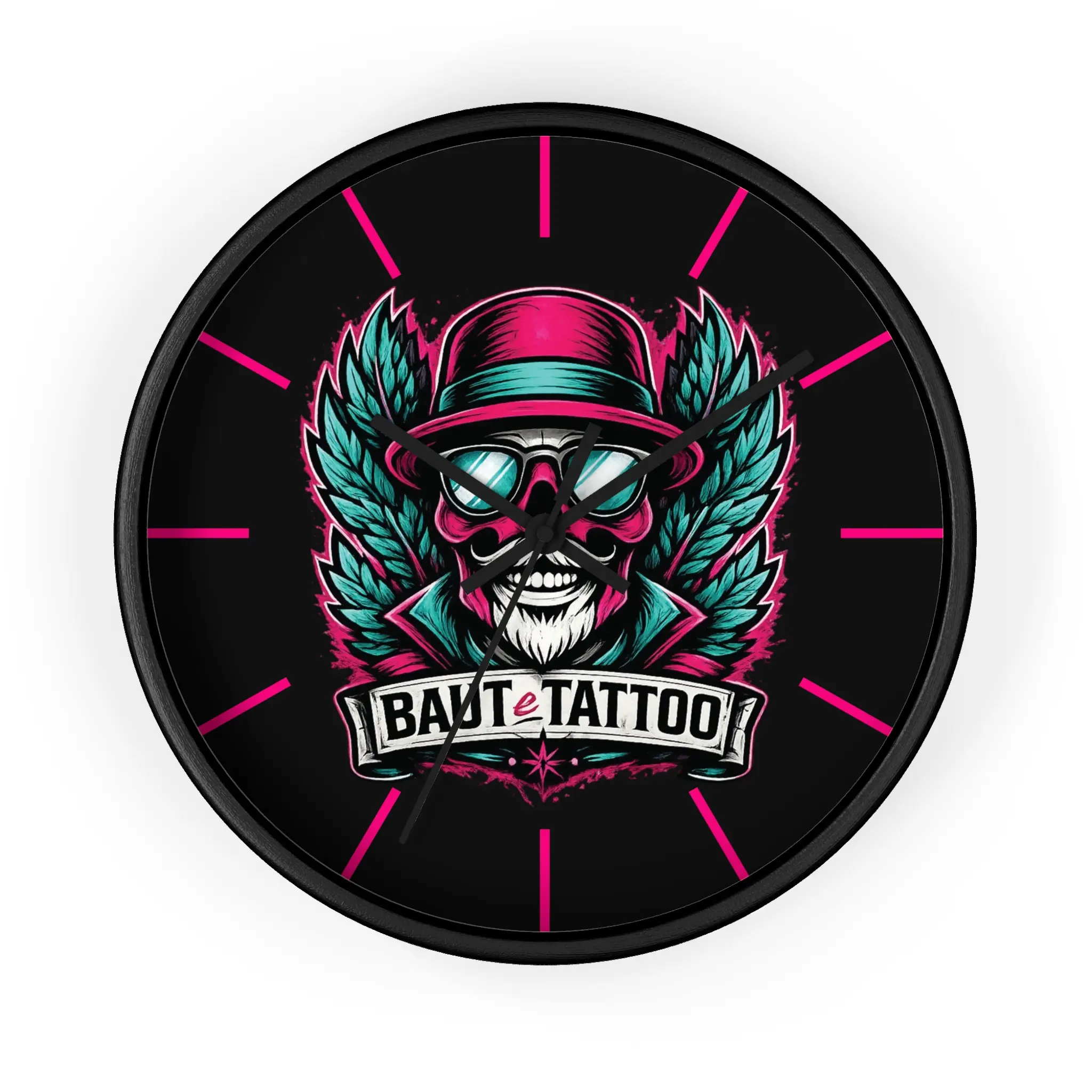 Skull with Feathers Wall Clock | Tattoo Style Illustration