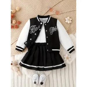 Girls' American Style Patchwork Baseball Jacket & Preppy Pleated Skirt Set in Long Sleeve Crew Neck with Applique Lettering, Knee-Length Regular Fit for Fall/Winter, Perfect for Outdoor