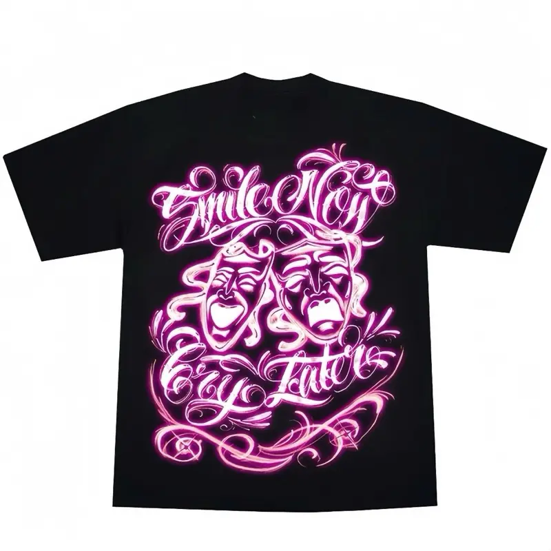 Pink Airbrushed Smile Now Cry Later Chicano Tattoo Graphic Cotton Tee or Hoodie for Men Ideal as Gifts Fashion Tops Love Menswear Stylish