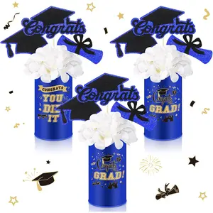 3 Sets Graduation Table Centerpiece Decorations Class of 2025 Includes 3 Silk Artificial Flower 9 Congrats Grad Sticks Picks Toppers 3 Metal Vases for Home Party Supplies Gifts(Blue)