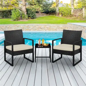 Yaheetech 3 Pieces Rattan Bistro Set, Indoor/Outdoor Wicker Patio Modern Conversation Furniture, 2 Chairs & Tempered Glass Coffee Table for Garden, Balcony, Backyard, Poolside