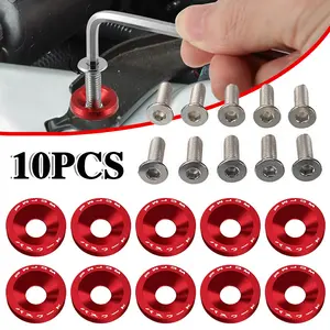 10PCS Red JDM Billet Aluminum Fender Bumper Washer Bolt Kit - Engine Bay Dress Up Screws Plate for Car