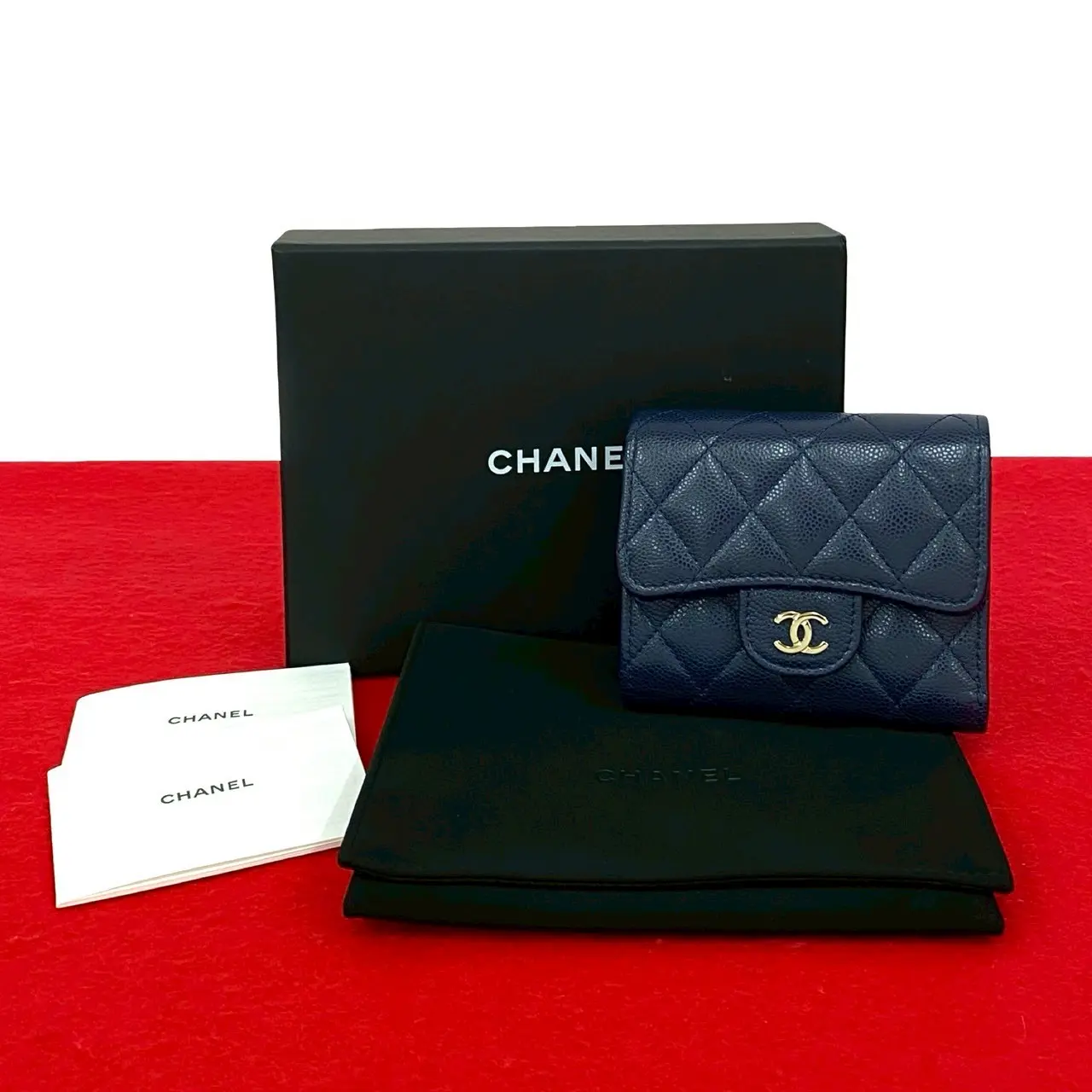 Pre-owned CHANEL Calfskin Small Leather Goods Matelassé Caviar Leather Trifold Wallet
