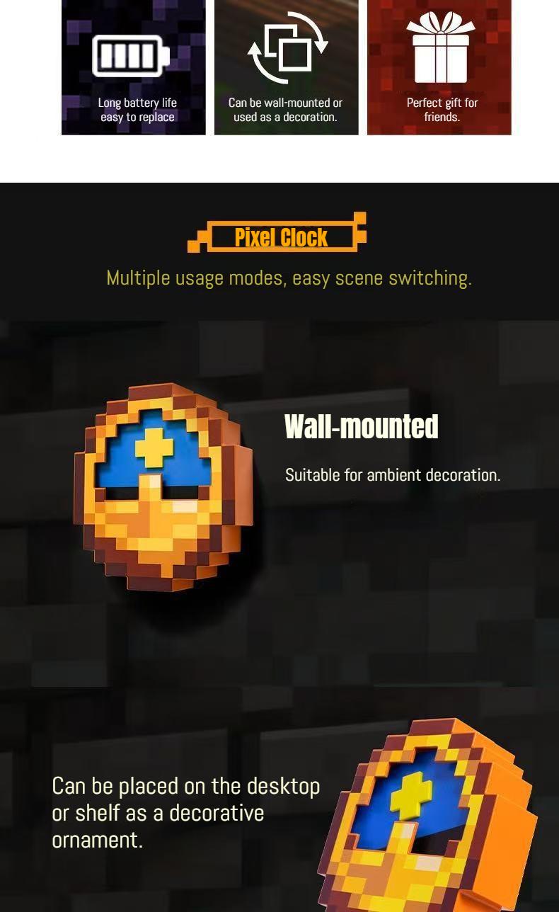 DIYCOM Retro Pixel Wall Clock Auto Switching Day Night Display Hanging Alarm for Bedroom Gamer Room Christmas Gift