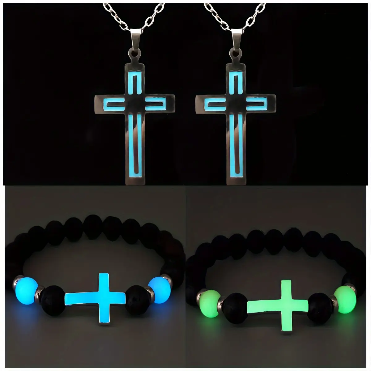 4 Counts Glow-in-the-dark Cross Pendant Necklace Bracelet Couples Gift Cross Charm Cross Charm Stainless Steel Necklace Set