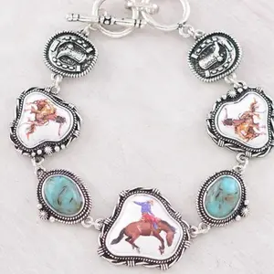 Western Bronc Concho Bracelet with Toggle Closure 7.4 to 8 Inches Length Featuring Horse and Rider Designs